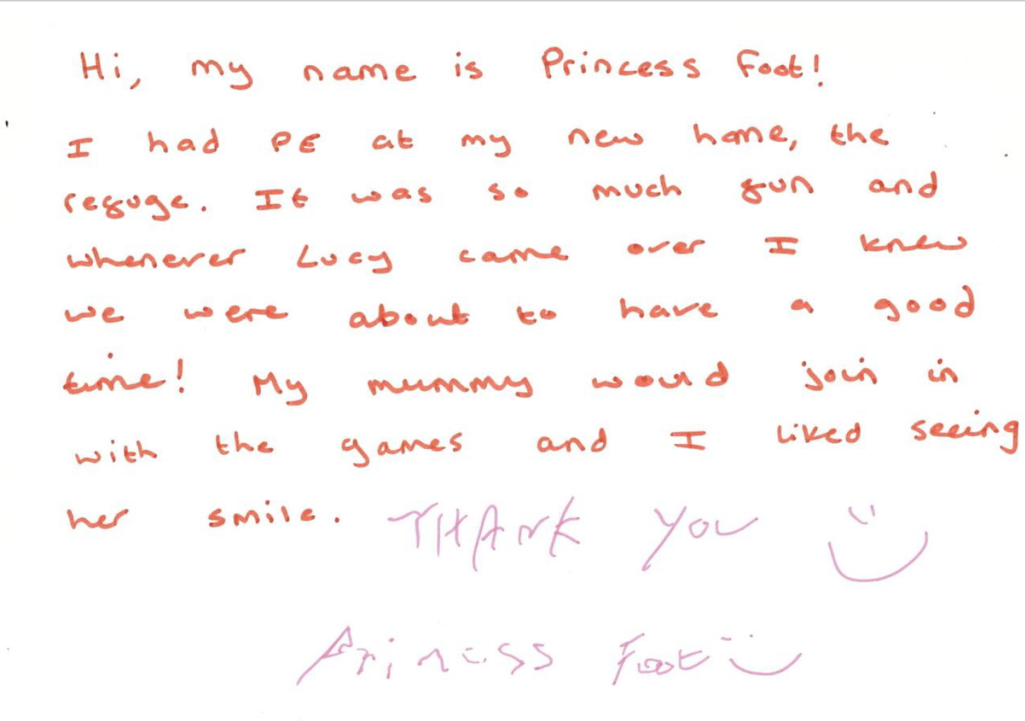 A thank you letter from a child saying she had so much fun doing activities at the refugee and she linked seeing her mum join in and smile