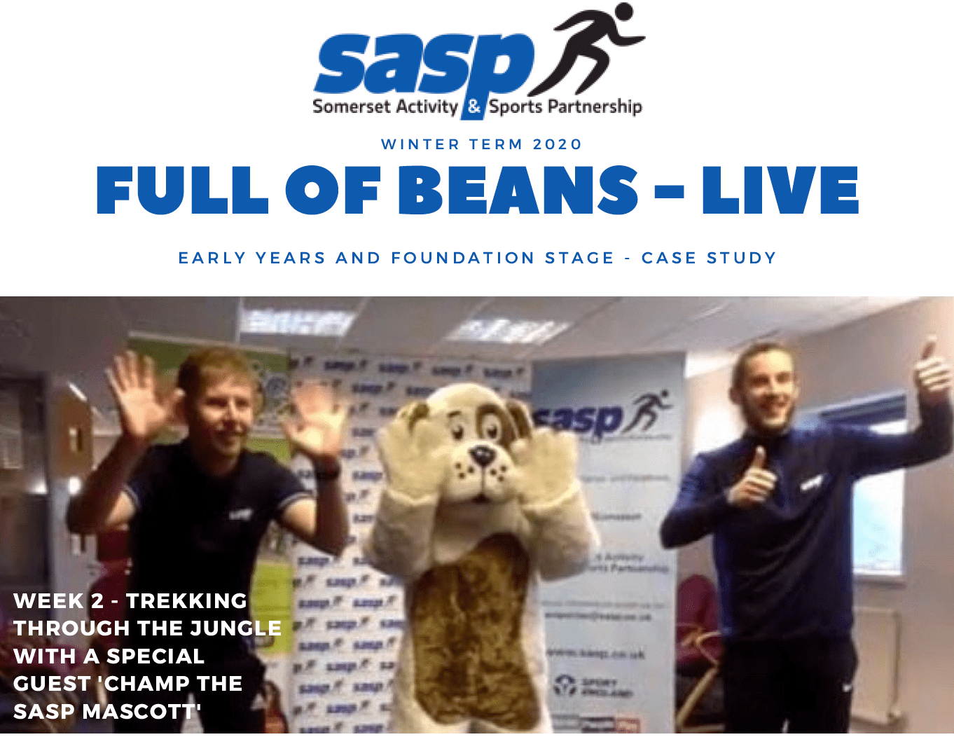 Champ the SASP mascot dog and two male instructions doing activities as part of live sessions
