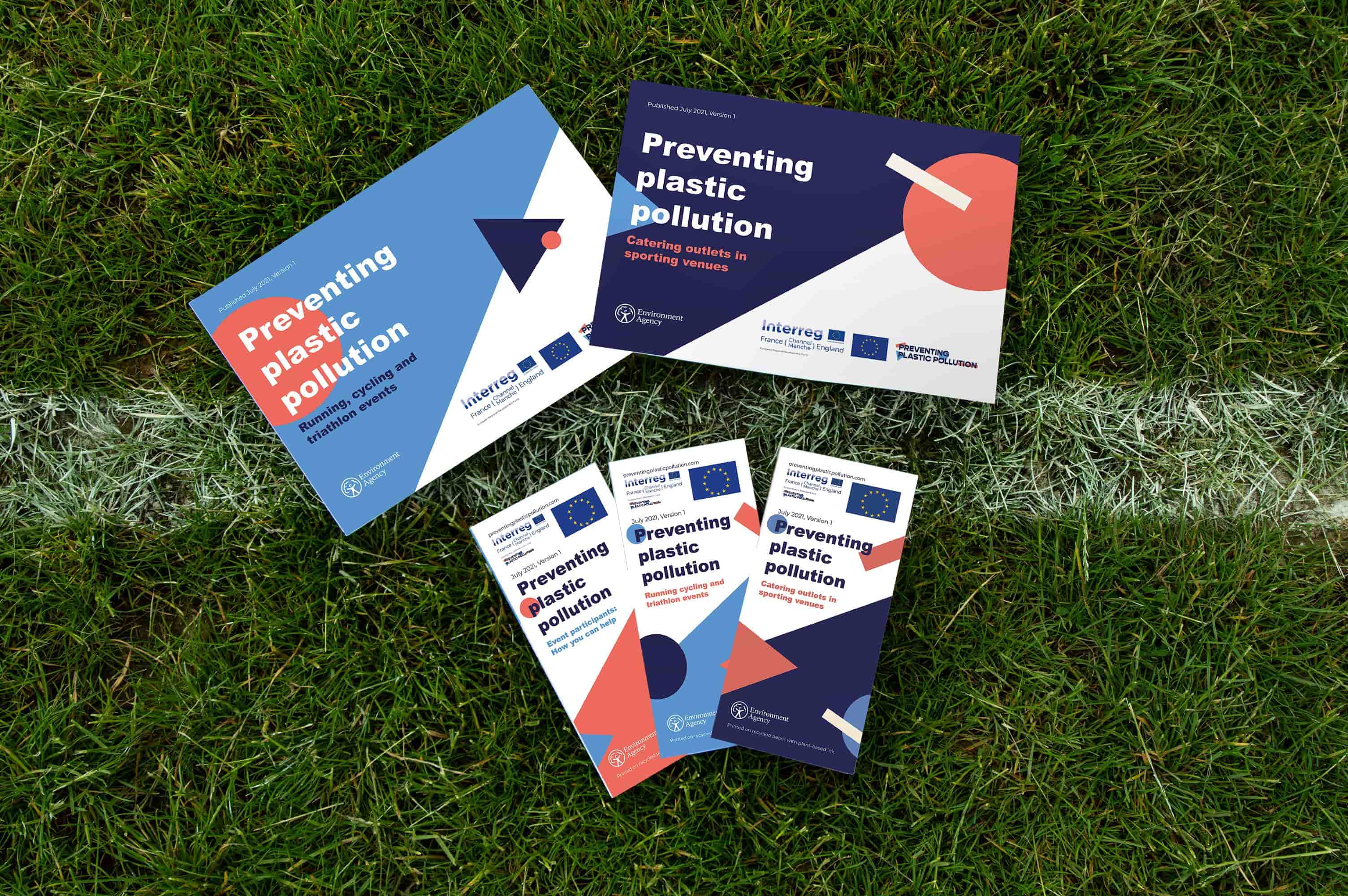 Photo of 5 leaflets on a grass pitch explaining how to get rid of plastic in sport