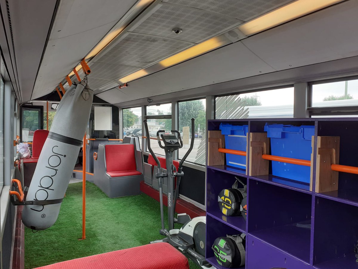 A bus converted with gym equipment 