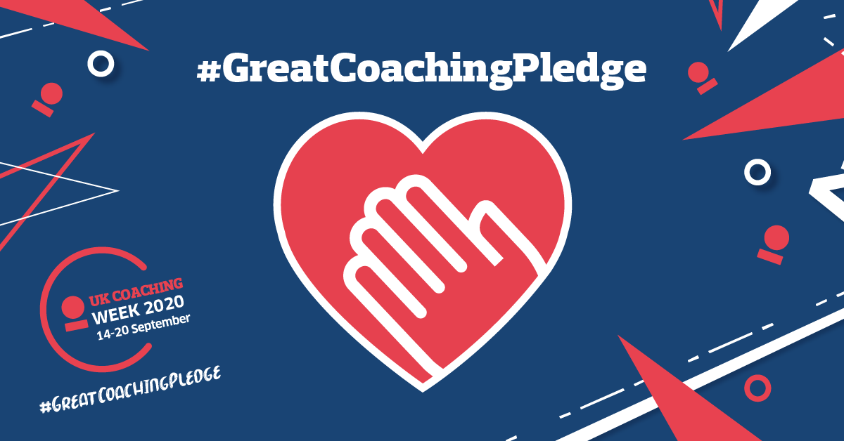 Graphic of heart with a hand in middle with text Great coaching pledge 