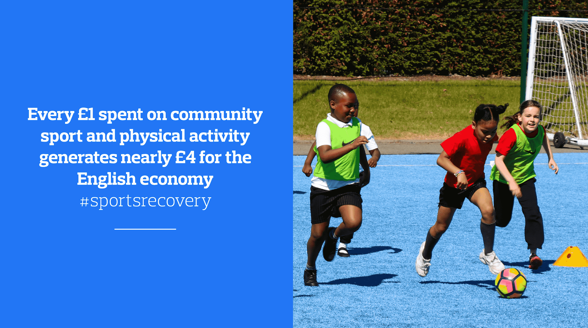 children playing hockey- strapline every £1 spent on community sport and physical activity generates nearly £4 for the English economy