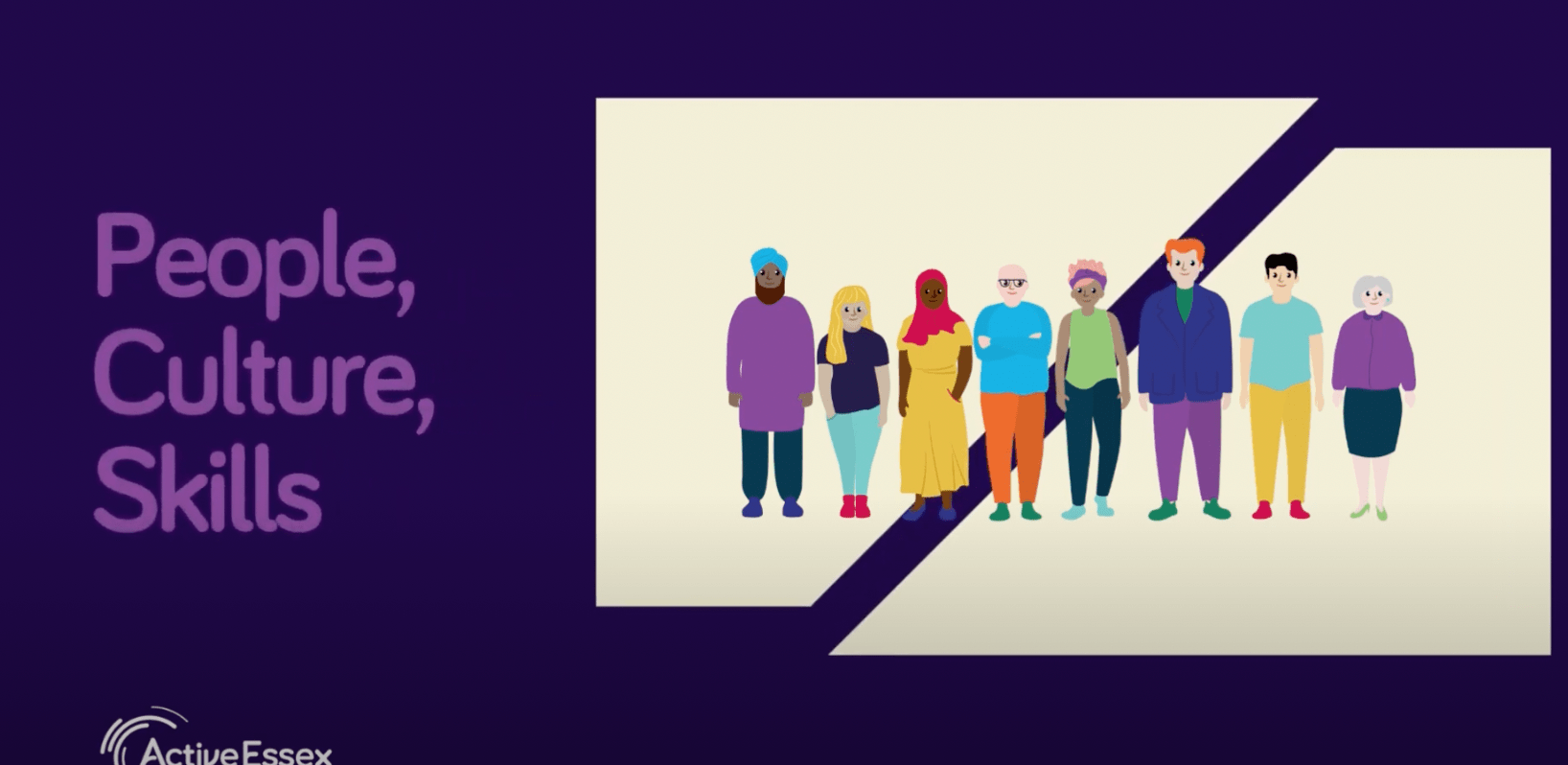 purple background with animated images of different people. 