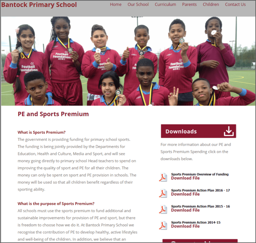 screen shot of school webpage