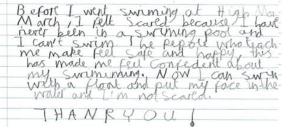 thank you note from one of the children on the missed opportunity swimming, explaining how they will now swim with a float and put their face in the water.  