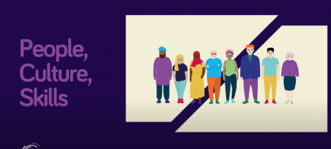 purple background with animated images of different people. 