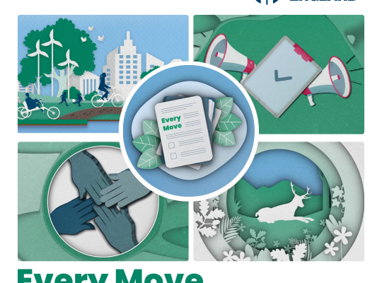 A white and green visual that includes the words 'Every Move - Sustainability Strategy and Action Plan' and there are images depicting activity, calling for action, green spaces and collaboration.