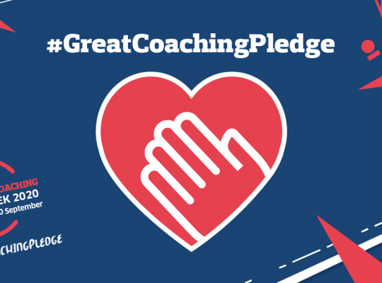 Graphic of heart with a hand in middle with text Great coaching pledge 