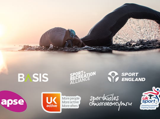 swimmer silhouette in open water with logos of partners supporting the statement