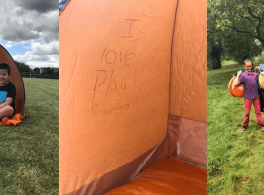children in orange play tents 