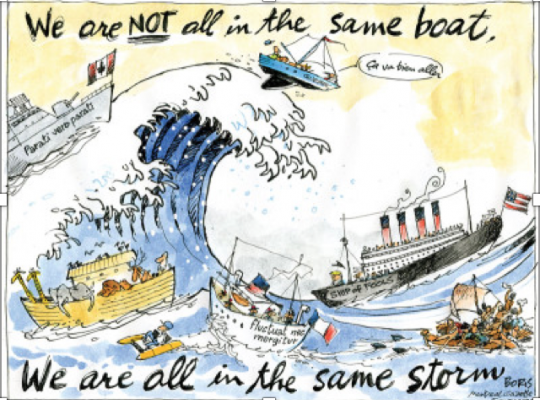 A boat riding a big wave with quote “We’re not all in the same boat, we are all in the same storm”