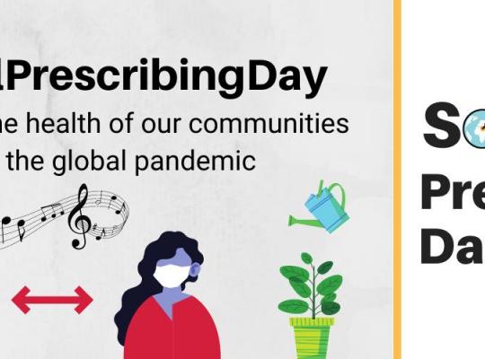 International Social Prescribing Day logo, 2 people with masks with arts, musics and gardening symbols 