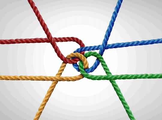 red, green, yellow and blue rope interlinking 